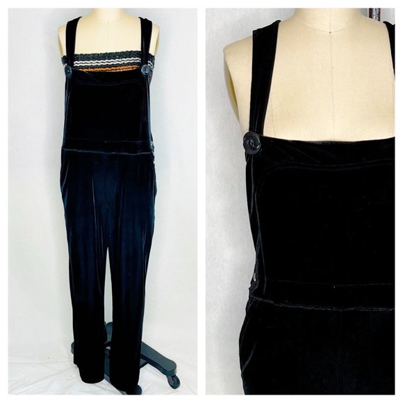 Vintage Denim - Vintage 90s Crushed Velvet Overalls Black Size M Medium Goth Grunge Academia